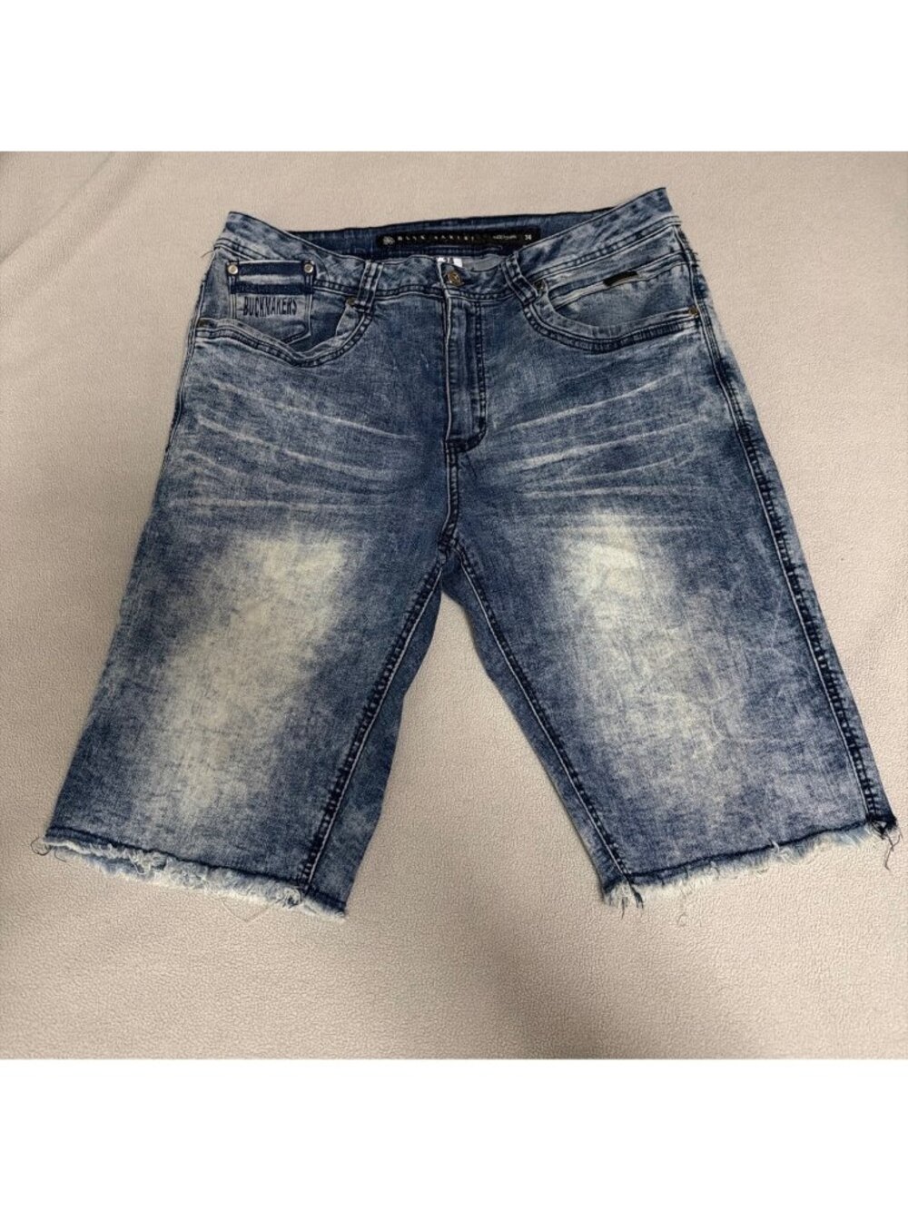 Buckmakers Mens Distressed Denim Shorts W34 Frayed Hem Blue Casual Summer Style
